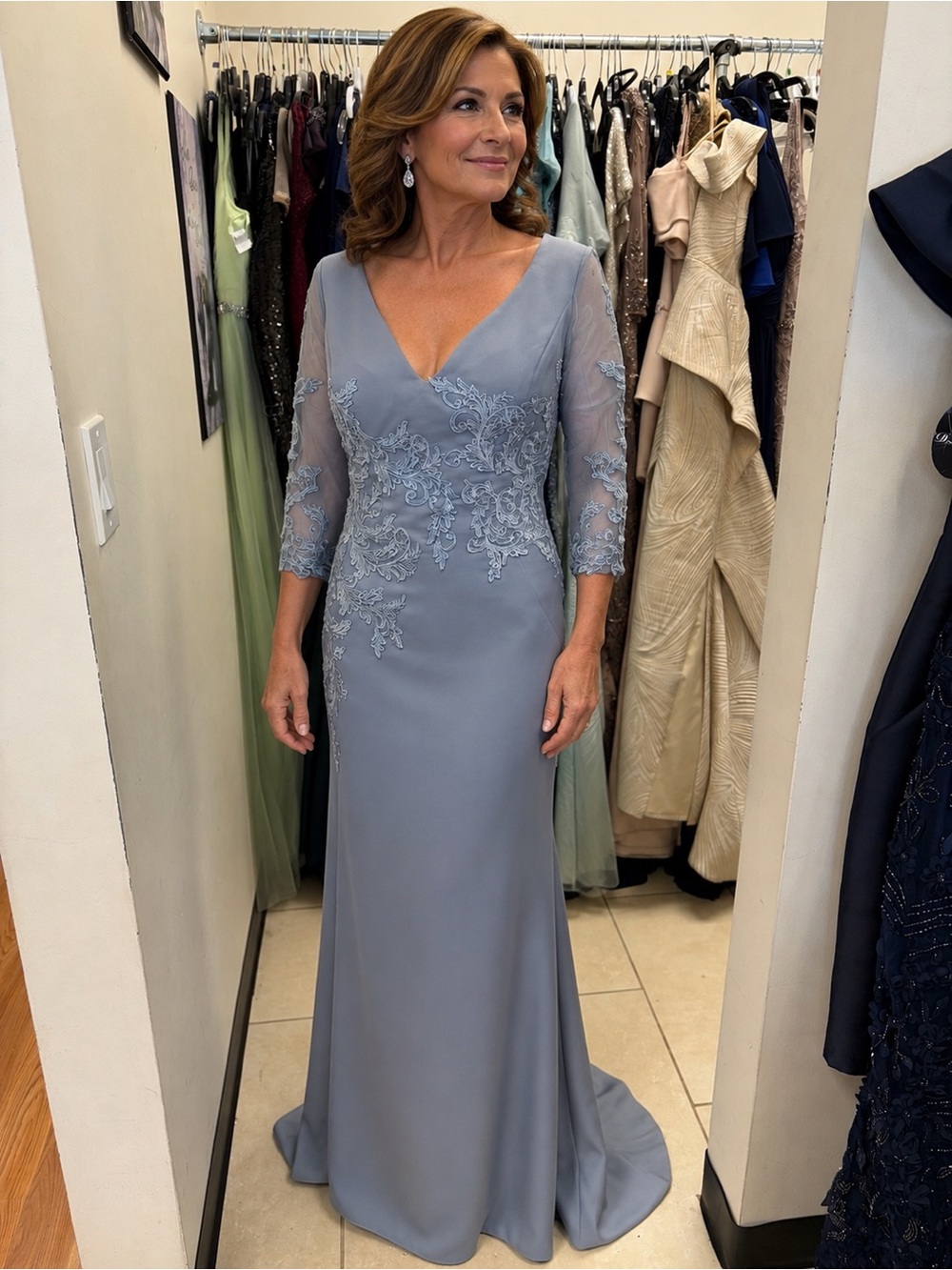 Elegant Slate Blue V-Neck Evening Dress with Lace mother of the bride size 18